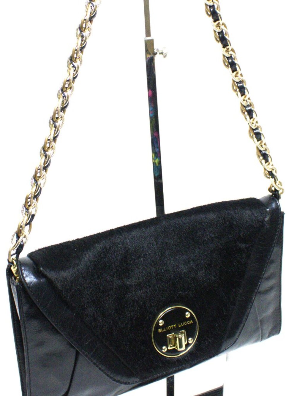 Elliott Lucca Black Leather, Hair on Hide Envelope Should Bag Chain Strap